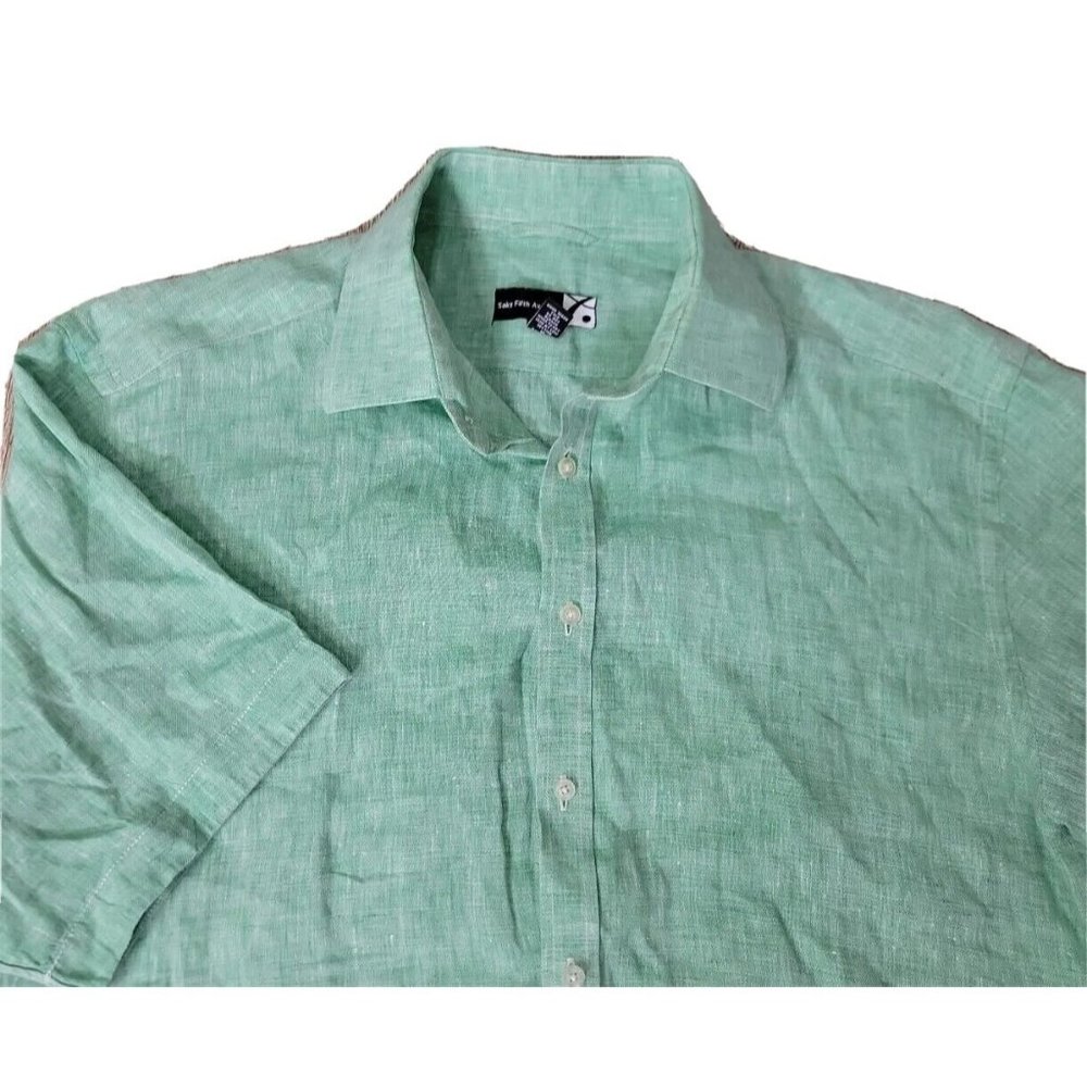 Saks Fifth Ave. Men's L Green Heather Casual Button Shirt 100% Linen Beachy SS